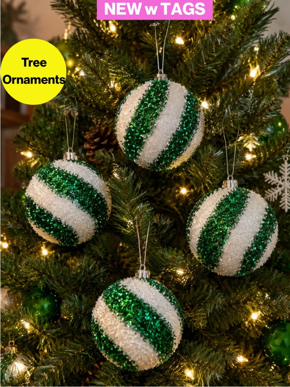 NEW w TAGS 🏷️ 12-Pack Bundle of Green, White Swirl Christmas Ornaments